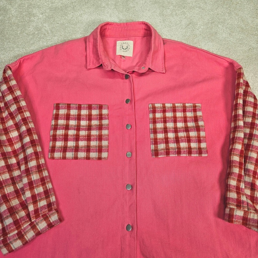 Fantastic Fawn Pink‎ Plaid Sleeve Oversized High-Low Shacket Size L Relaxed Boho - Picture 2 of 8